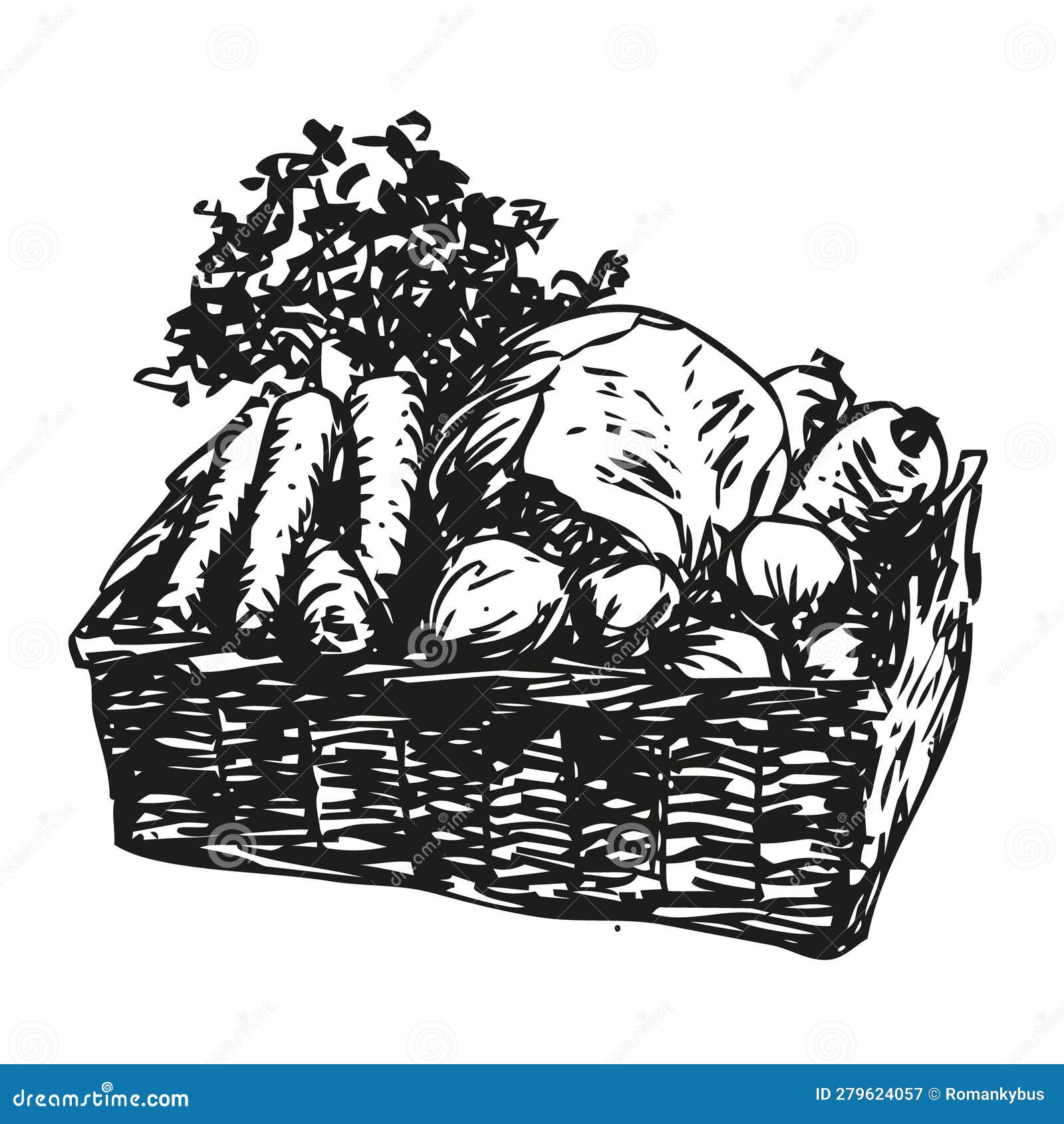 Vegetable Basket Vegetables in a Wicker Basket, Black and White