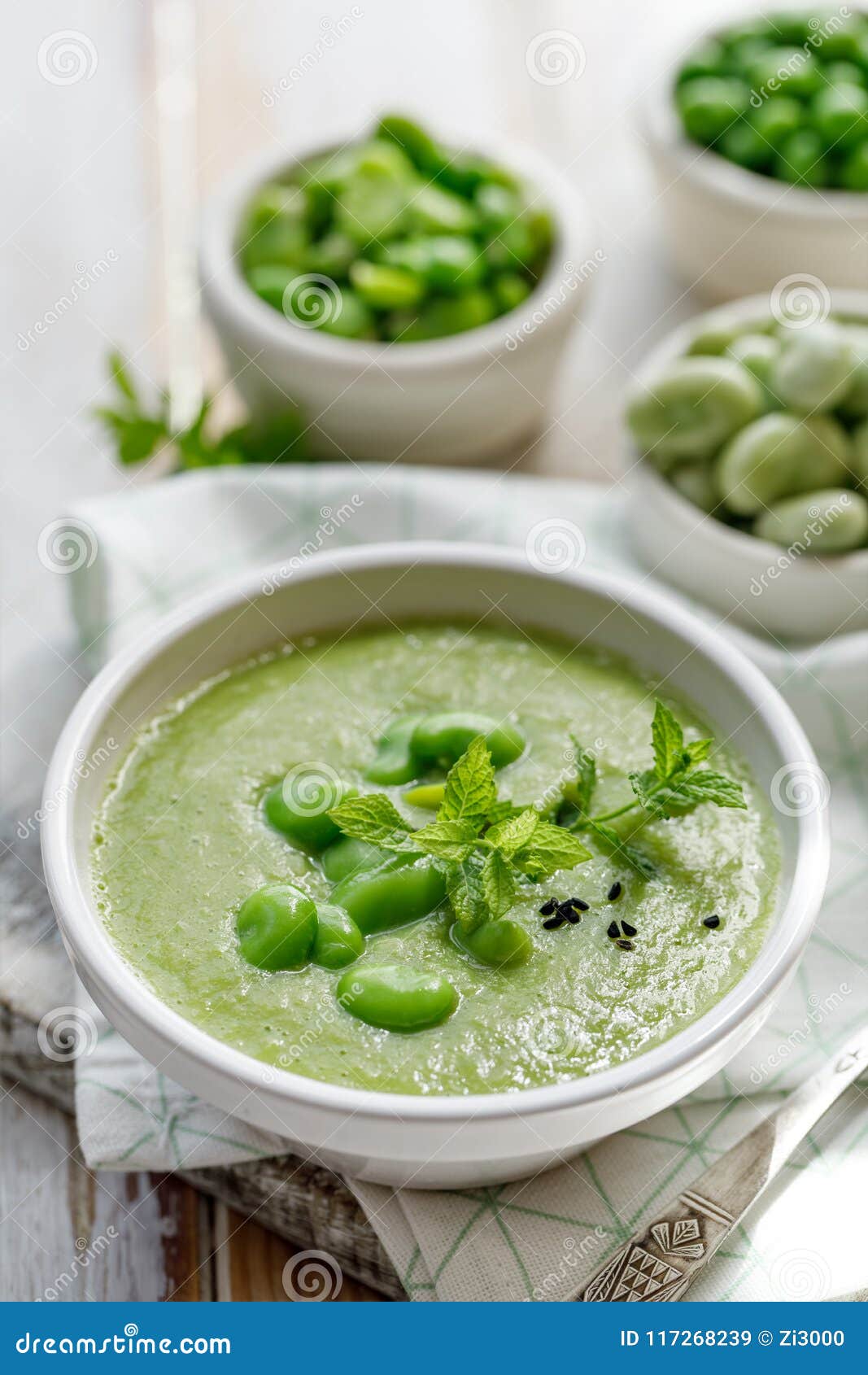 Vegetable Cream Soup. Broad Bean Soup Sprinkled with Fresh Mint and ...