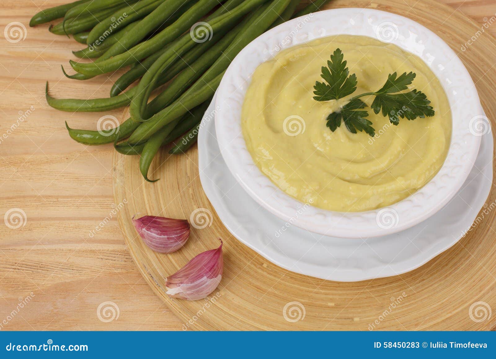 Vegetable Cream Soup with Green Beans, Garilc, Parsley Stock Image