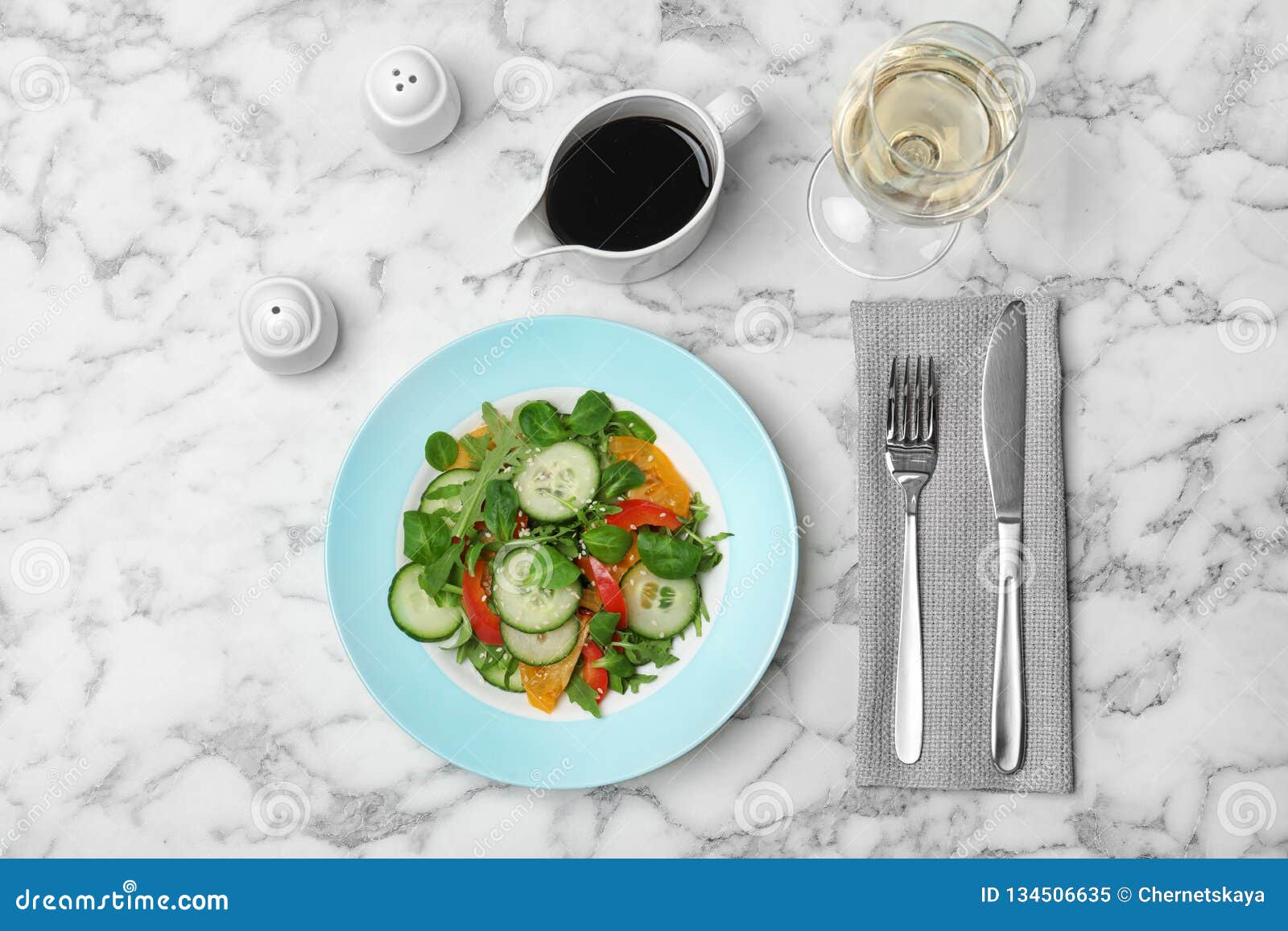 Vegetable Salad and Balsamic Vinegar Served Stock Image Image of
