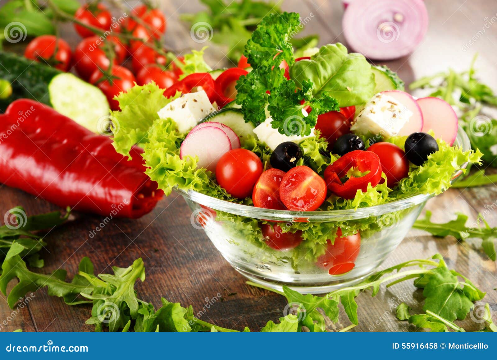 Vegetable Salad Bowl on Kitchen Table. Balanced Diet Stock Photo
