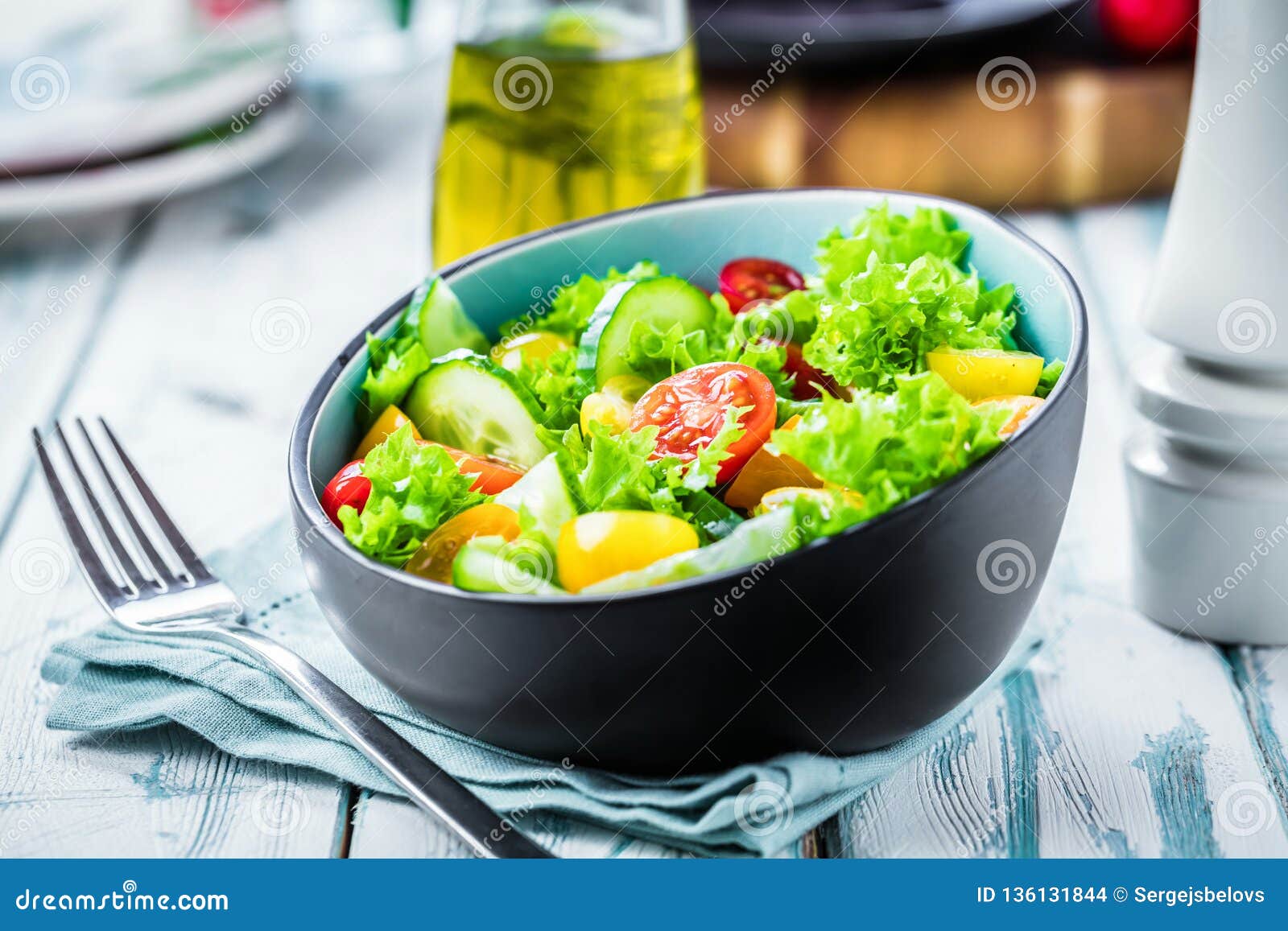 Vegetable Salad Bowl on Kitchen Table. Balanced Diet Stock Photo ...