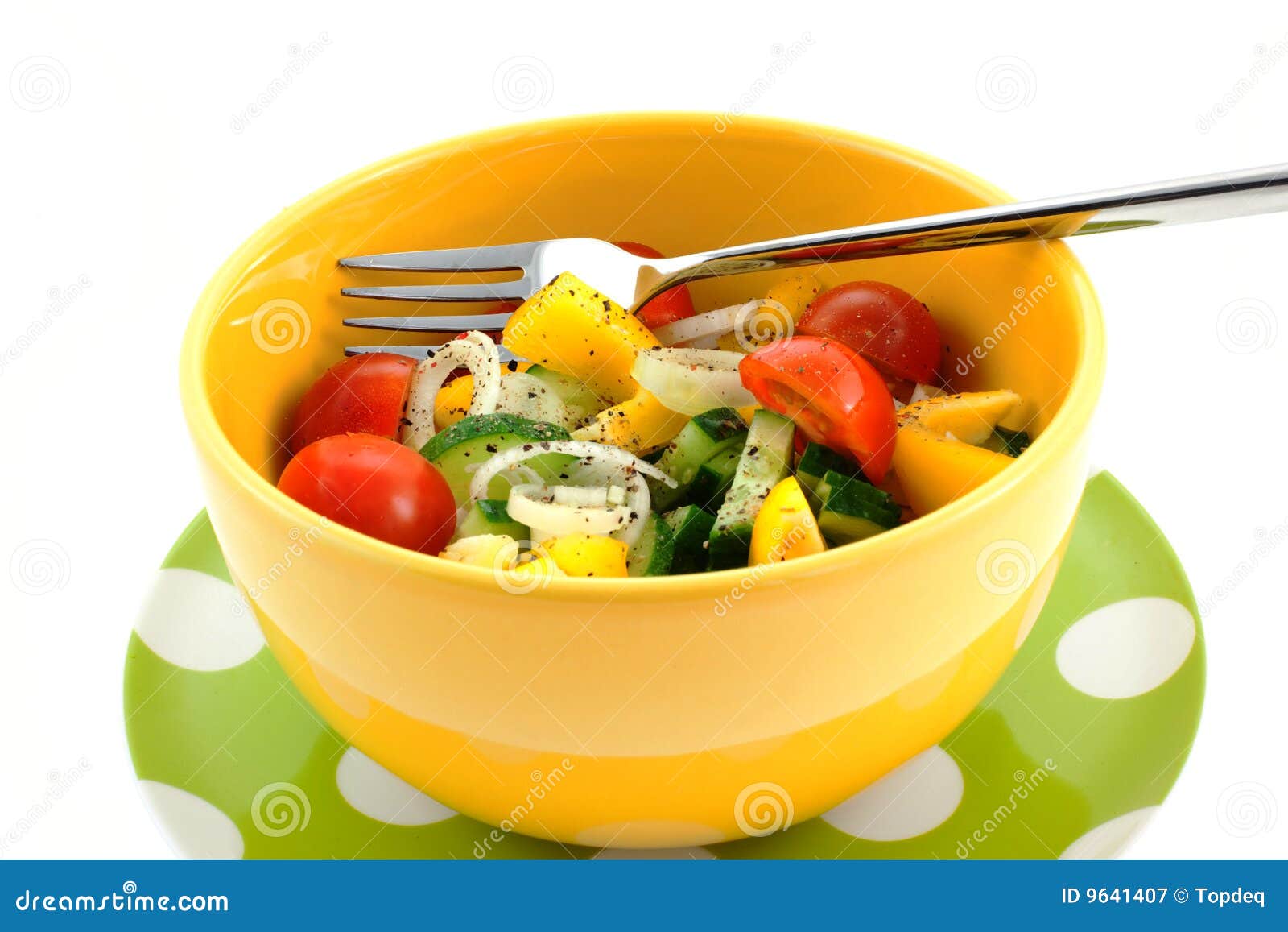 Vegetable Salad in a Yellow Bowl and Fork Stock Image Image of green
