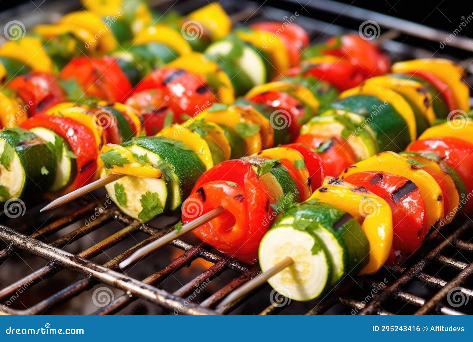 Vegetable Skewers Stacked Up on a Metallic Grill Rack Stock Photo