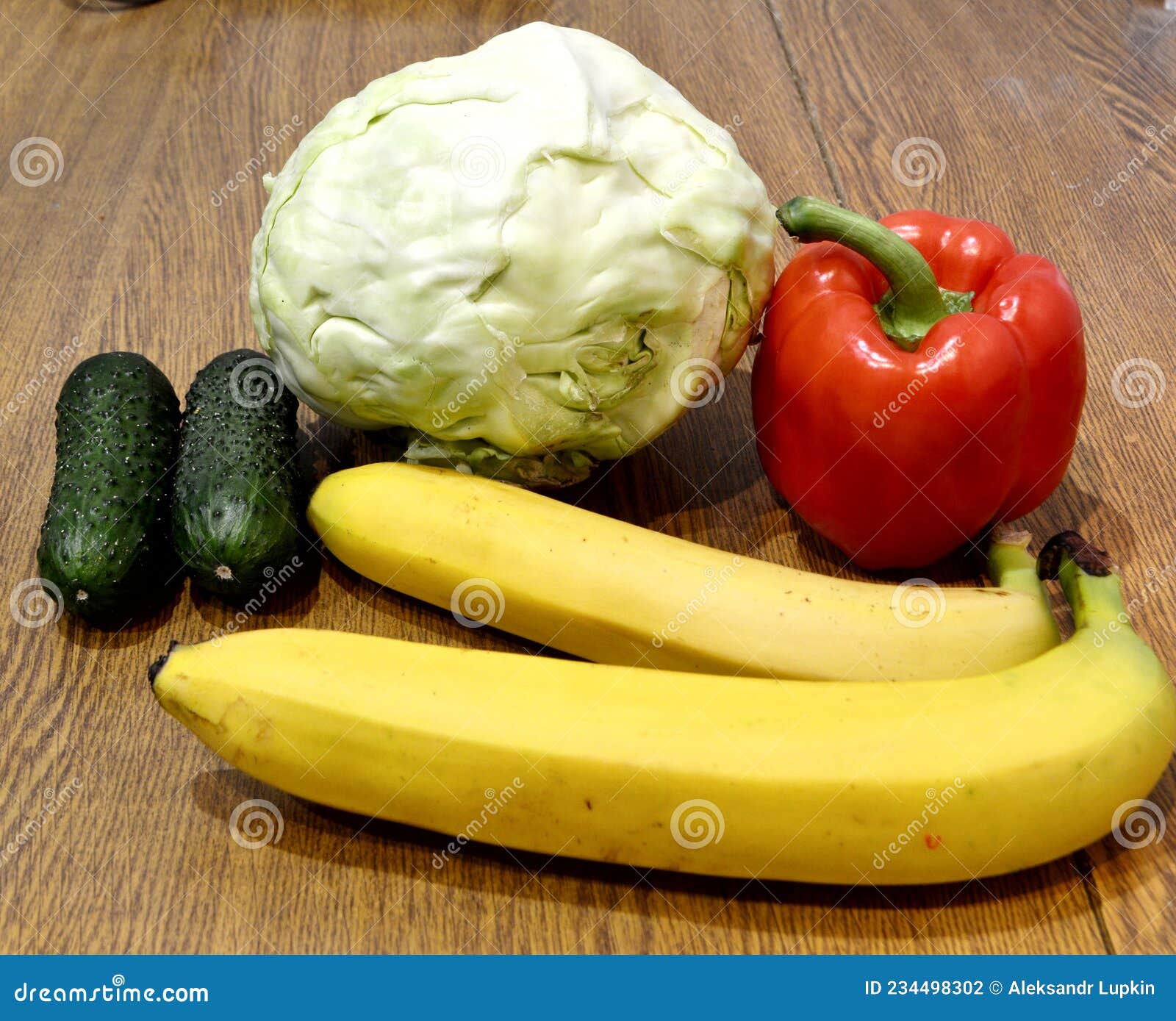 Vegetablesbananas, Cabbage, Cucumbers and Bell Peppers Stock Photo