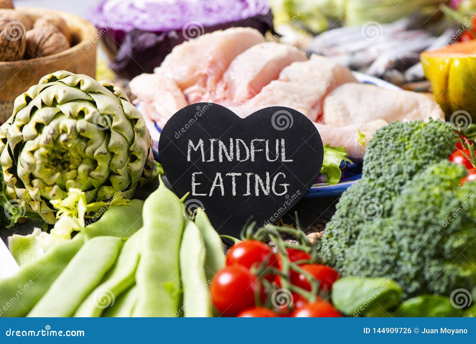 vegetables, chicken and text mindful eating