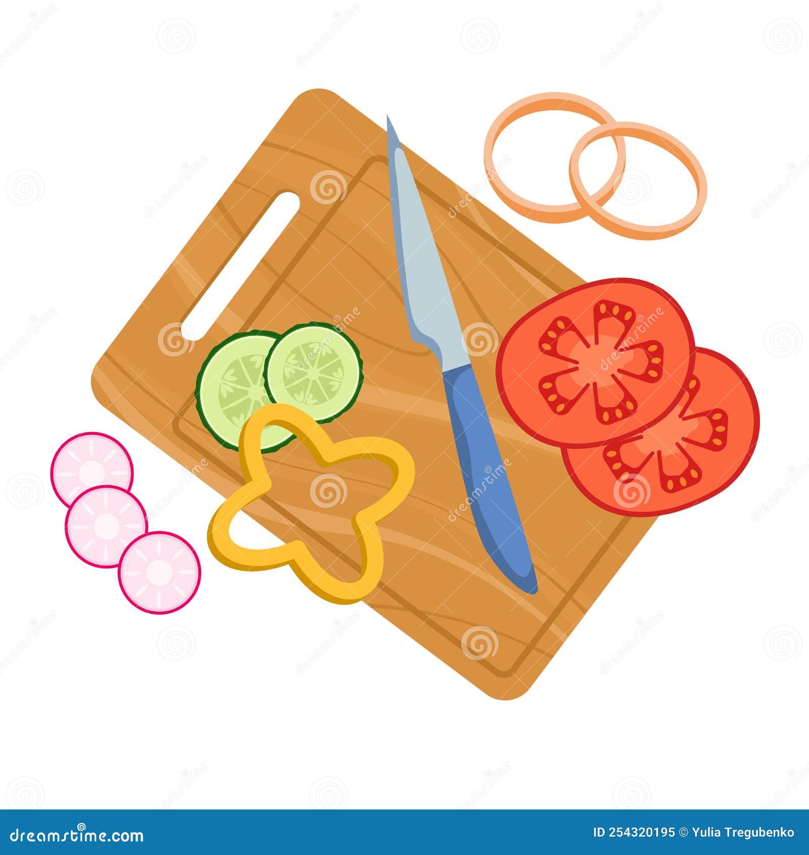 Vegetables Cut on a Plank Isolated on a White Background. Flat Style Stock Vector Illustration