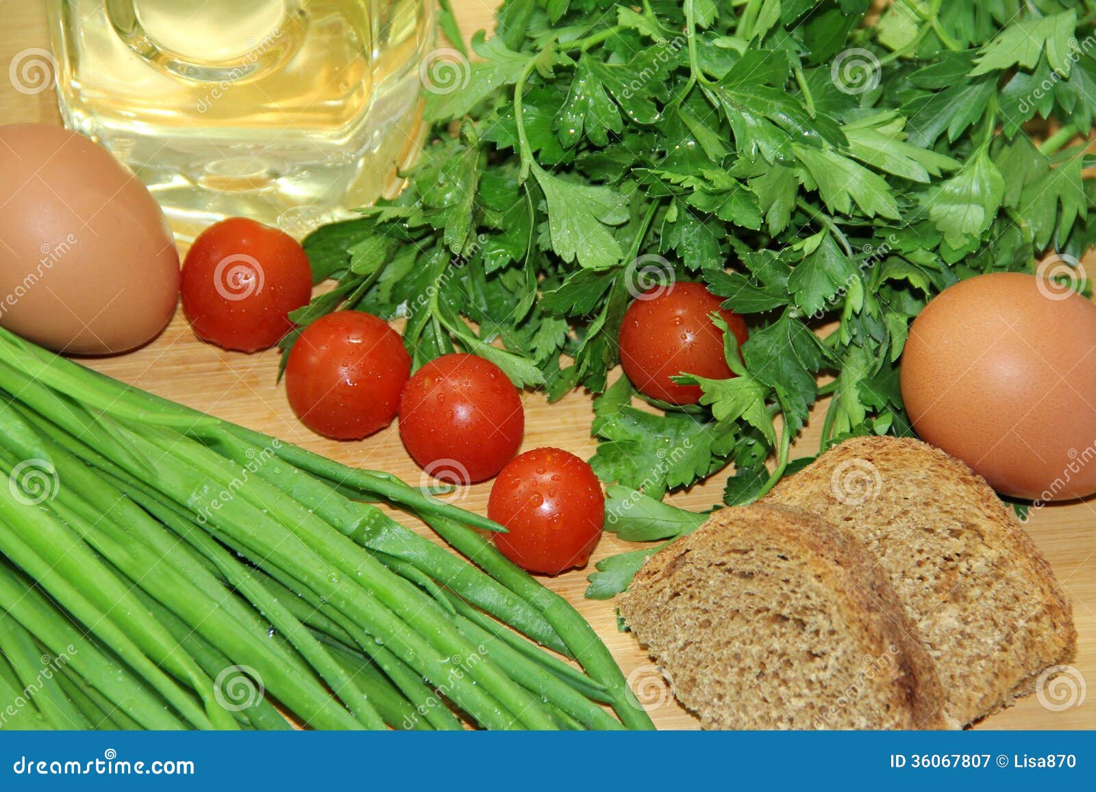 Vegetables, eggs and bread stock image. Image of piece 36067807