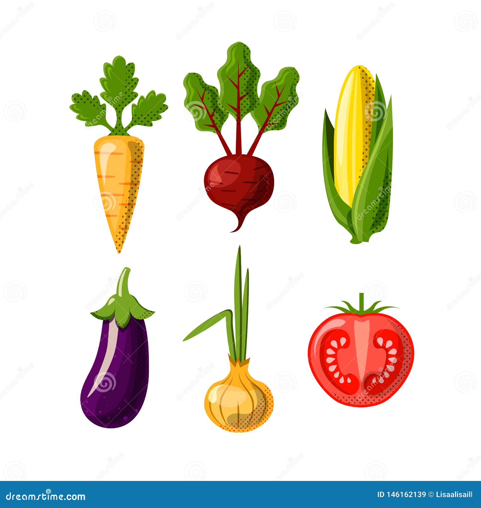 vegetables flat icons  on white background. carrot, beetroot or beet, corn, onion and tomate and eggplant. flat