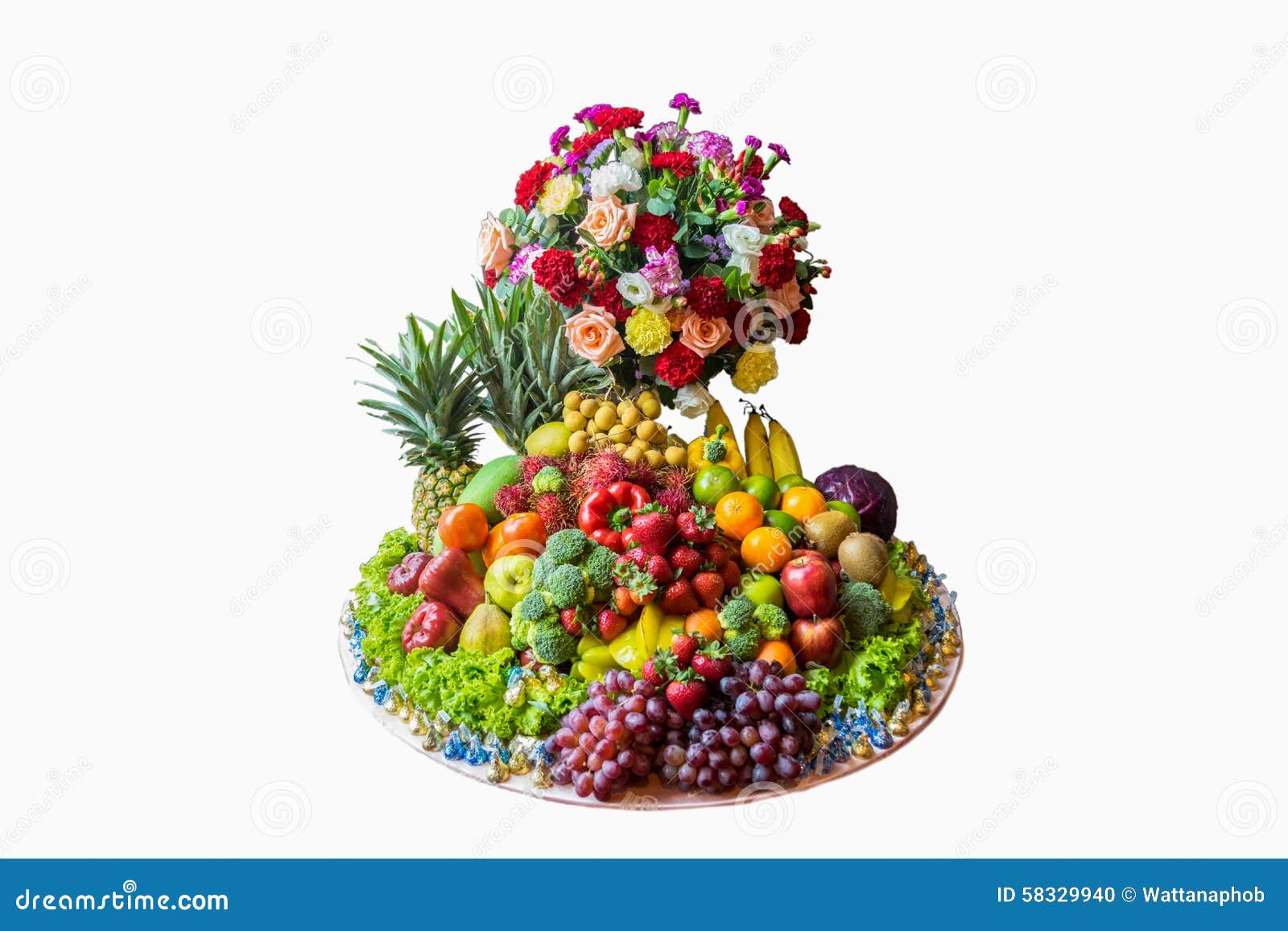 Vegetables, Flowers and Various Kinds of Fruit. Stock Photo Image of