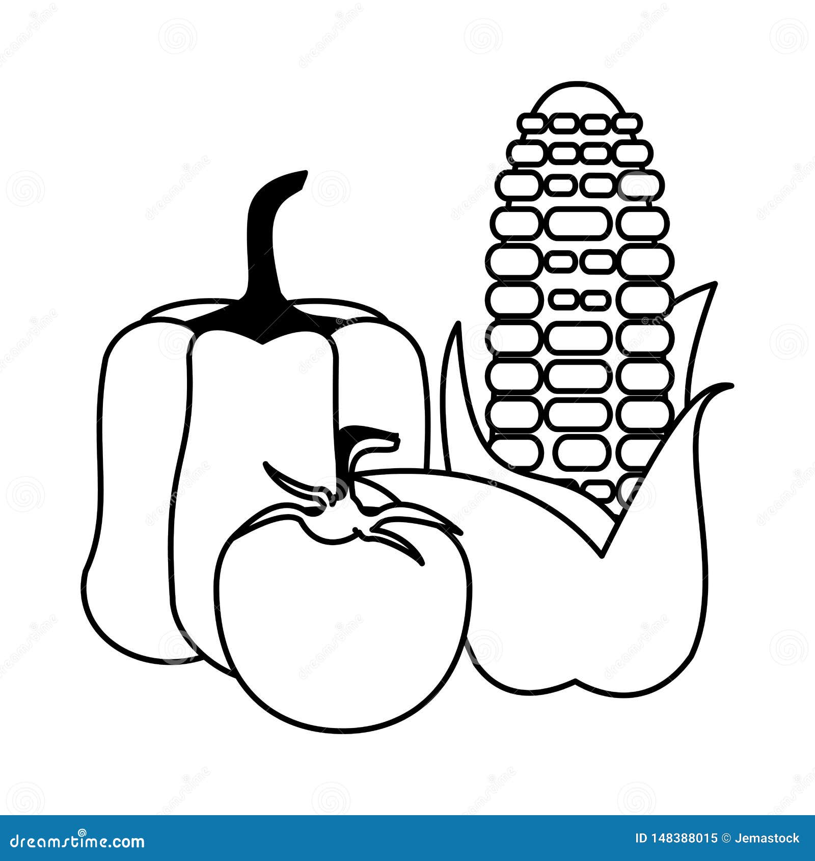 Vegetables Fresh Food Collection Cartoon in Black and White Stock Vector -  Illustration of products, corn: 148388015