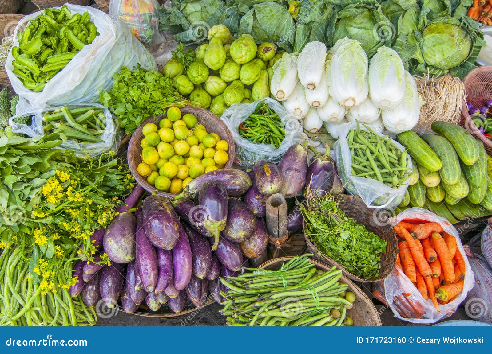 vegetables and fresh fruits for sale at market, near bagan, myanmar burma