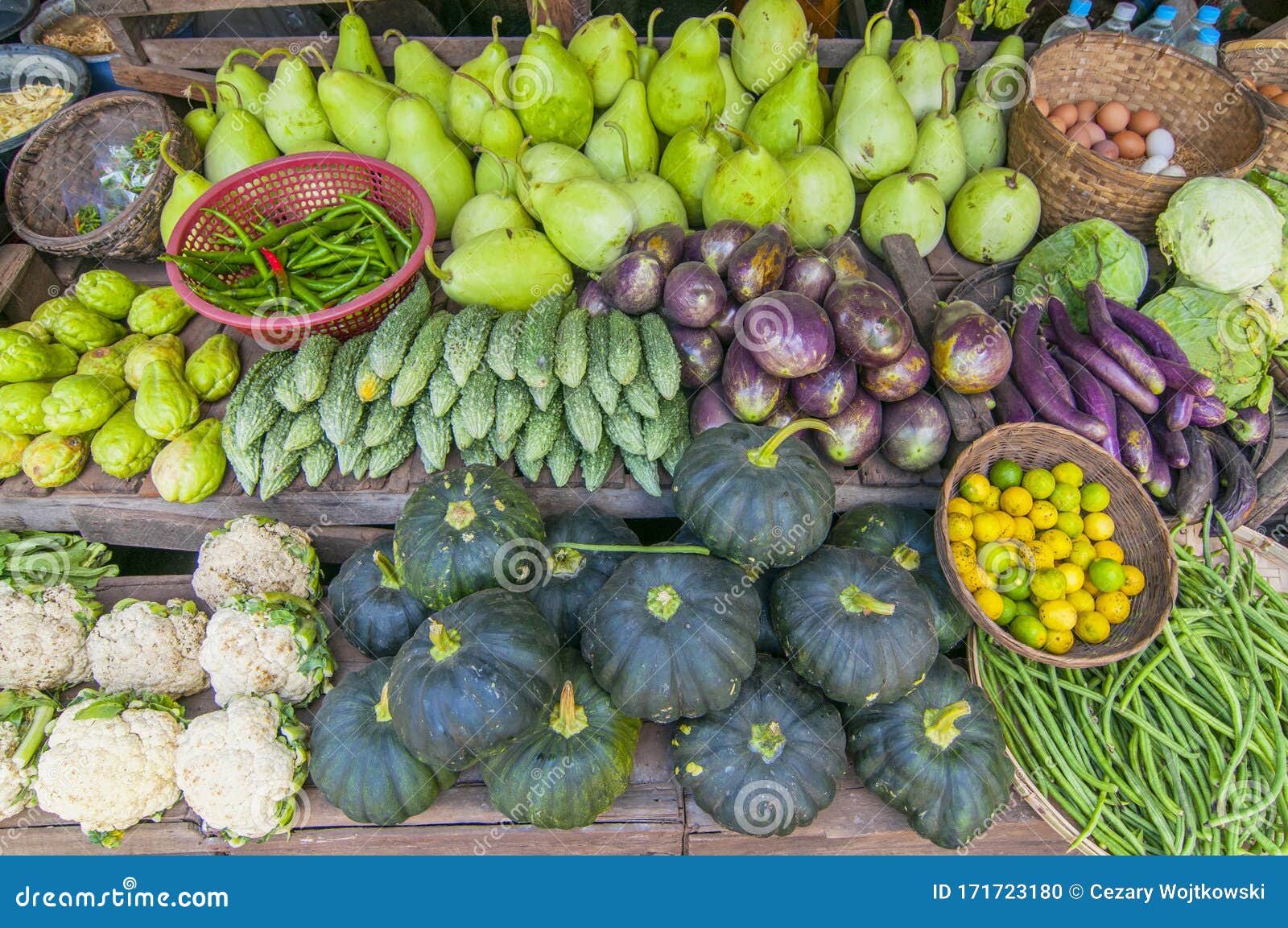 vegetables and fresh fruits for sale at market, near bagan, myanmar burma