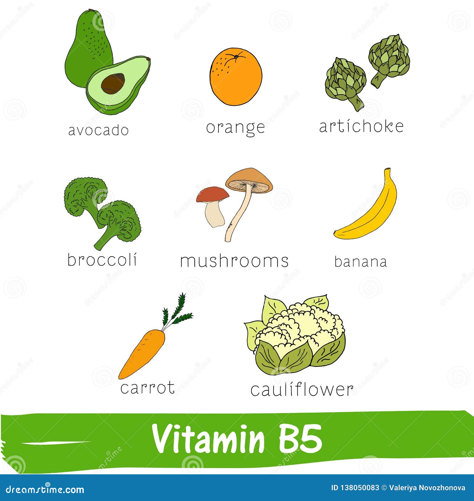 Vegetables and Fruits with a High Content of Vitamin B5. Hand Drawn