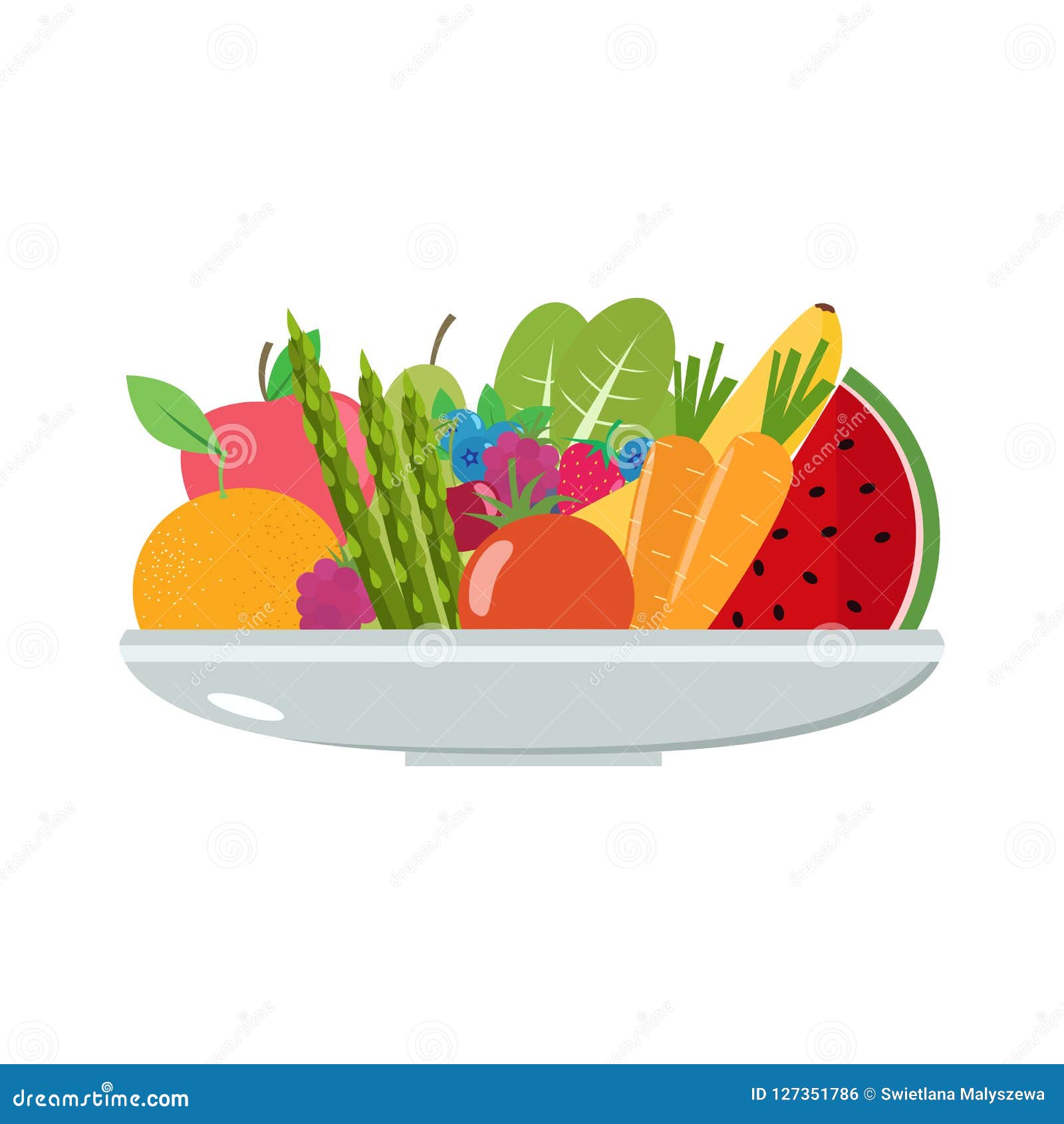 Vegetables and Fruits on a Plate. Stock Illustration Illustration of