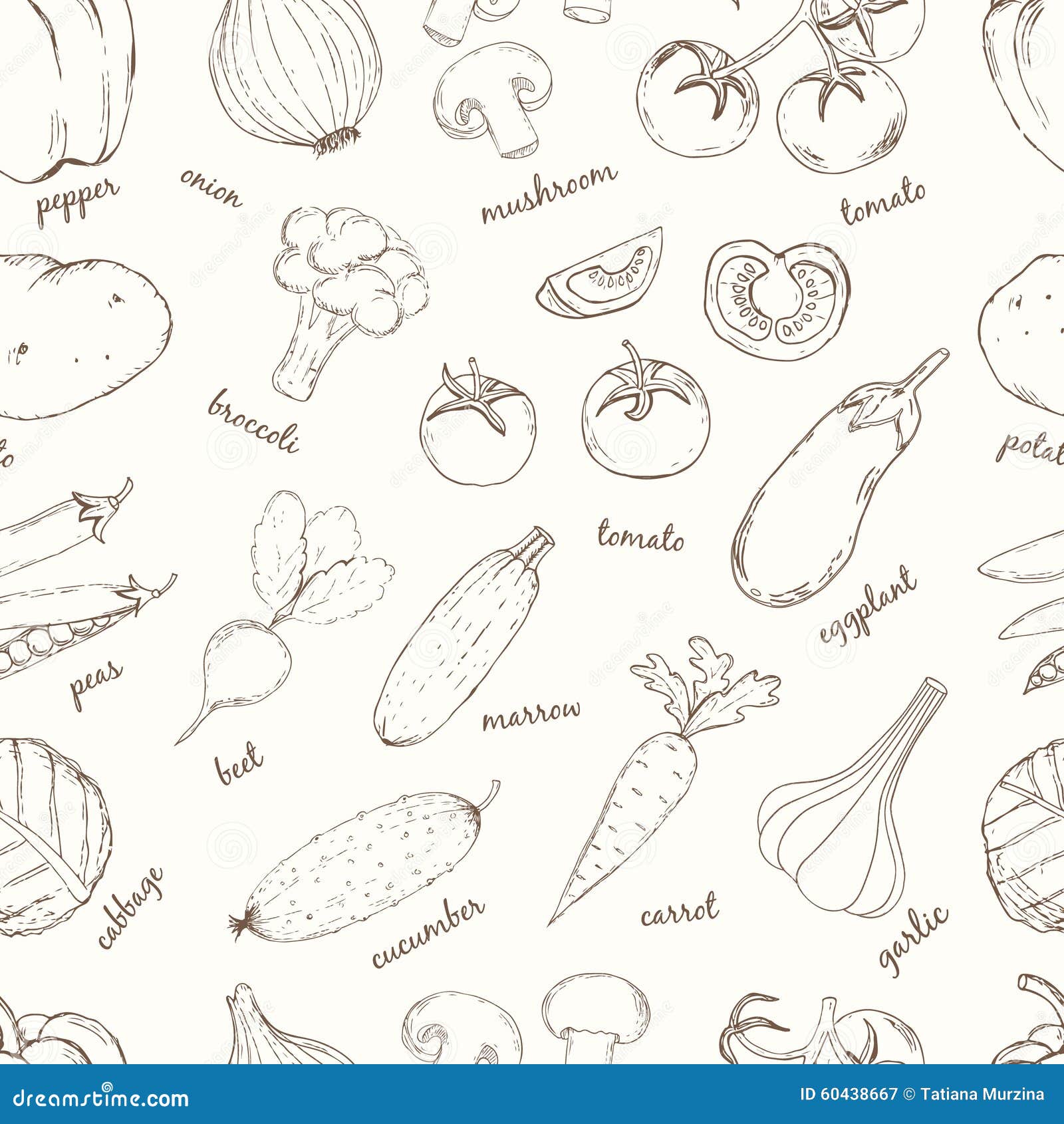 Vegetables With Names Seamless Pattern Stock Illustration