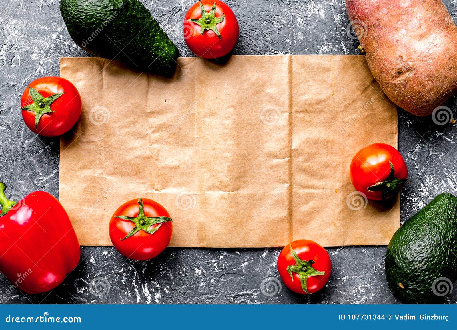 Download Vegetables And Paper Bag On Gray Desk Background Top View ...