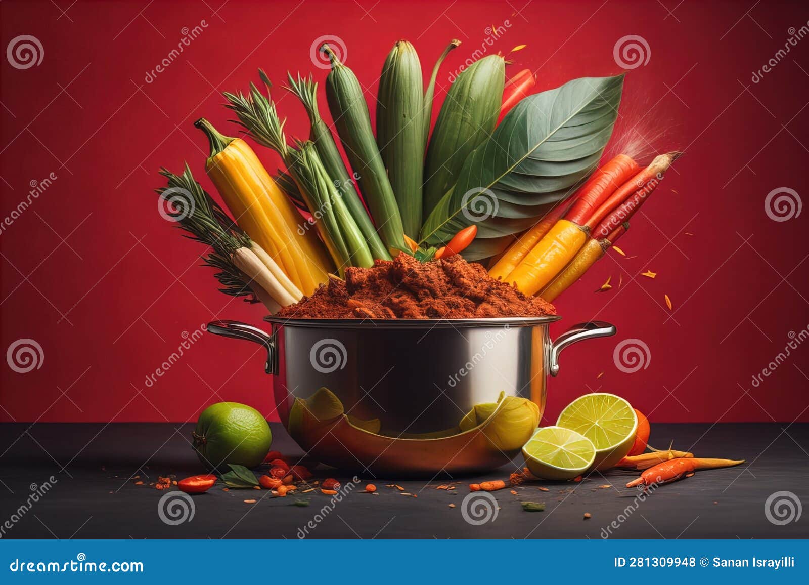 Vegetables and Spices with Chili Powder in Pot on Red Background