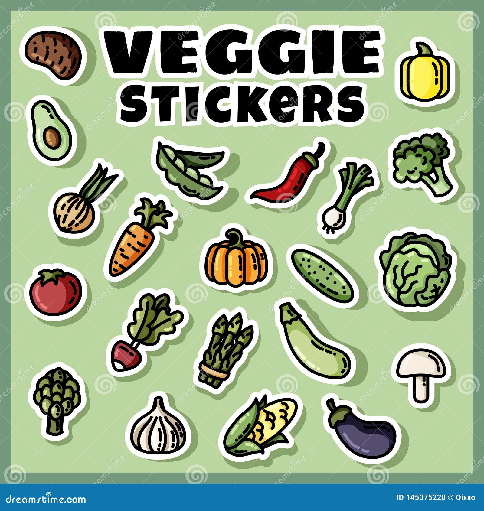 Vegetables Stickers Colorful Set. Collection of Veggie Flat Labels