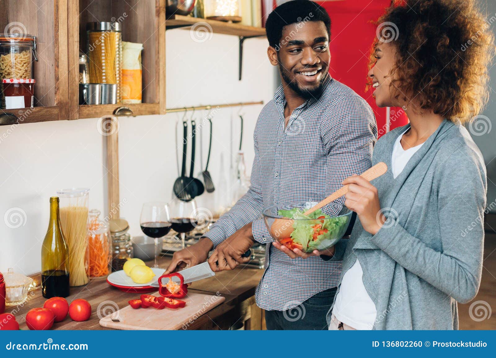 Vegetarian African American Couple Cooking Salad In Kitchen Stock Photo Image Of Chopping Family 136802260