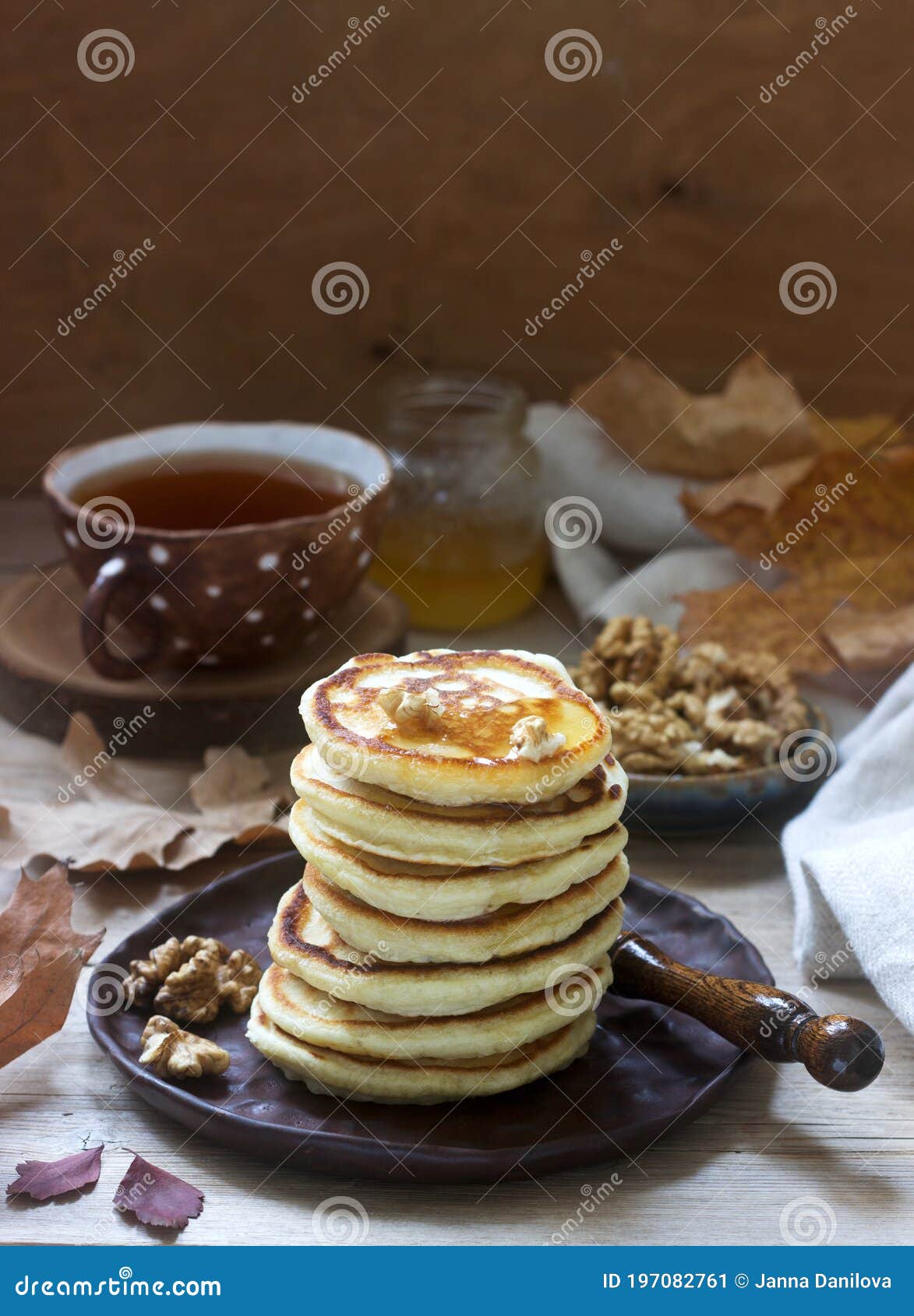 Vegetarian Breakfast of Fritters with Honey, Nuts and Tea. Autumn Still ...