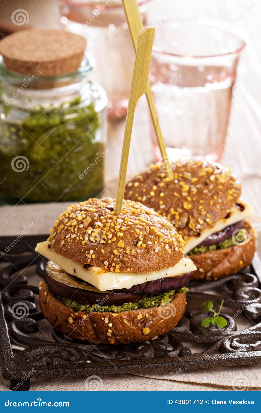 Vegetarian Burger with Cheese, Eggplant and Pesto Stock Photo Image