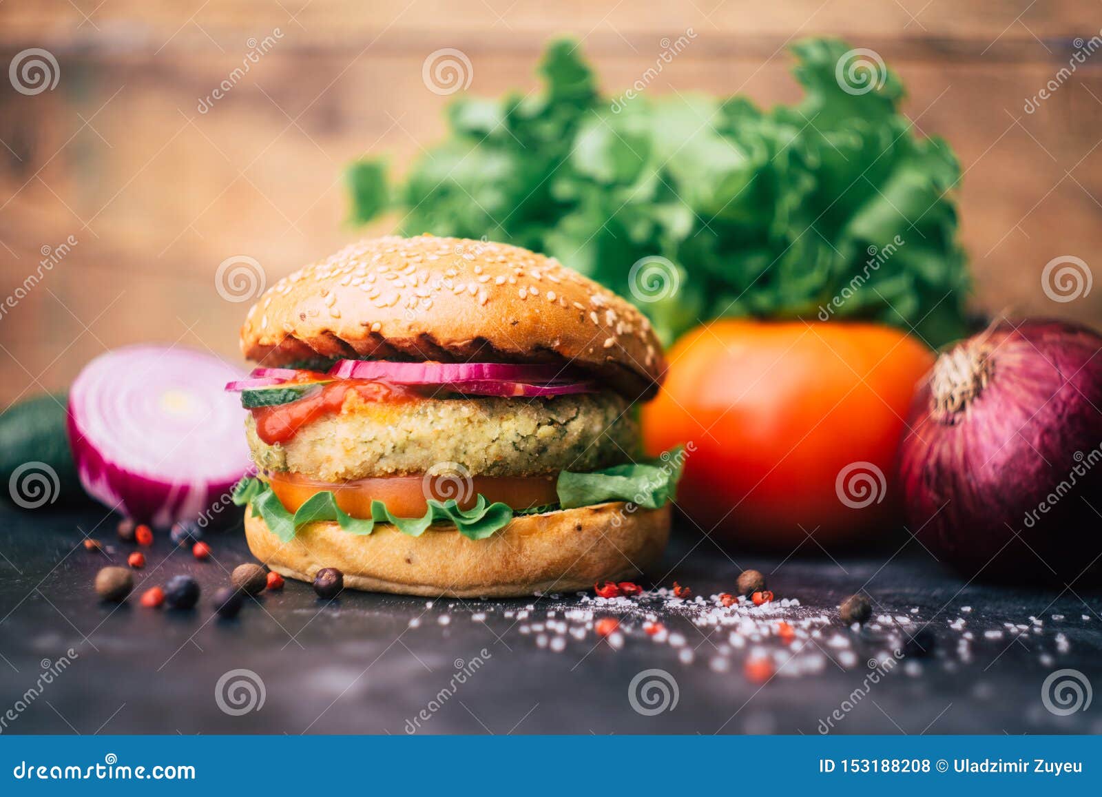 vegetarian burger home made burger with chickpea cutlet and vegetables. veg concept. copy space