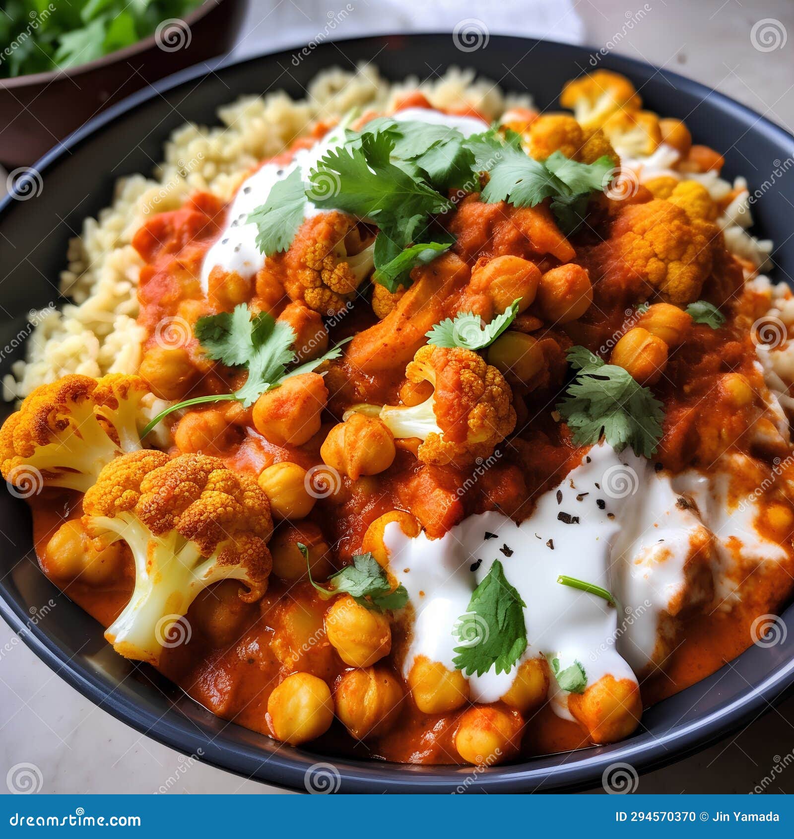 Vegetarian Chickpea Curry with Cauliflower, Rice and Yoghurt Stock