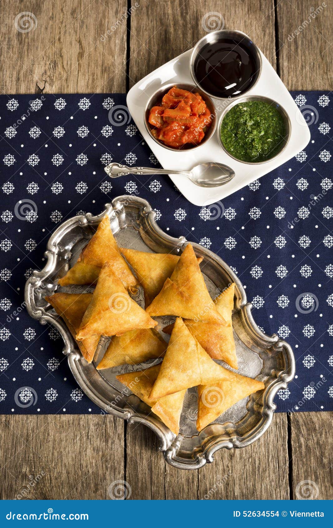 Vegetarian Indian Samosas with Dipping Sauces Stock Photo - Image of