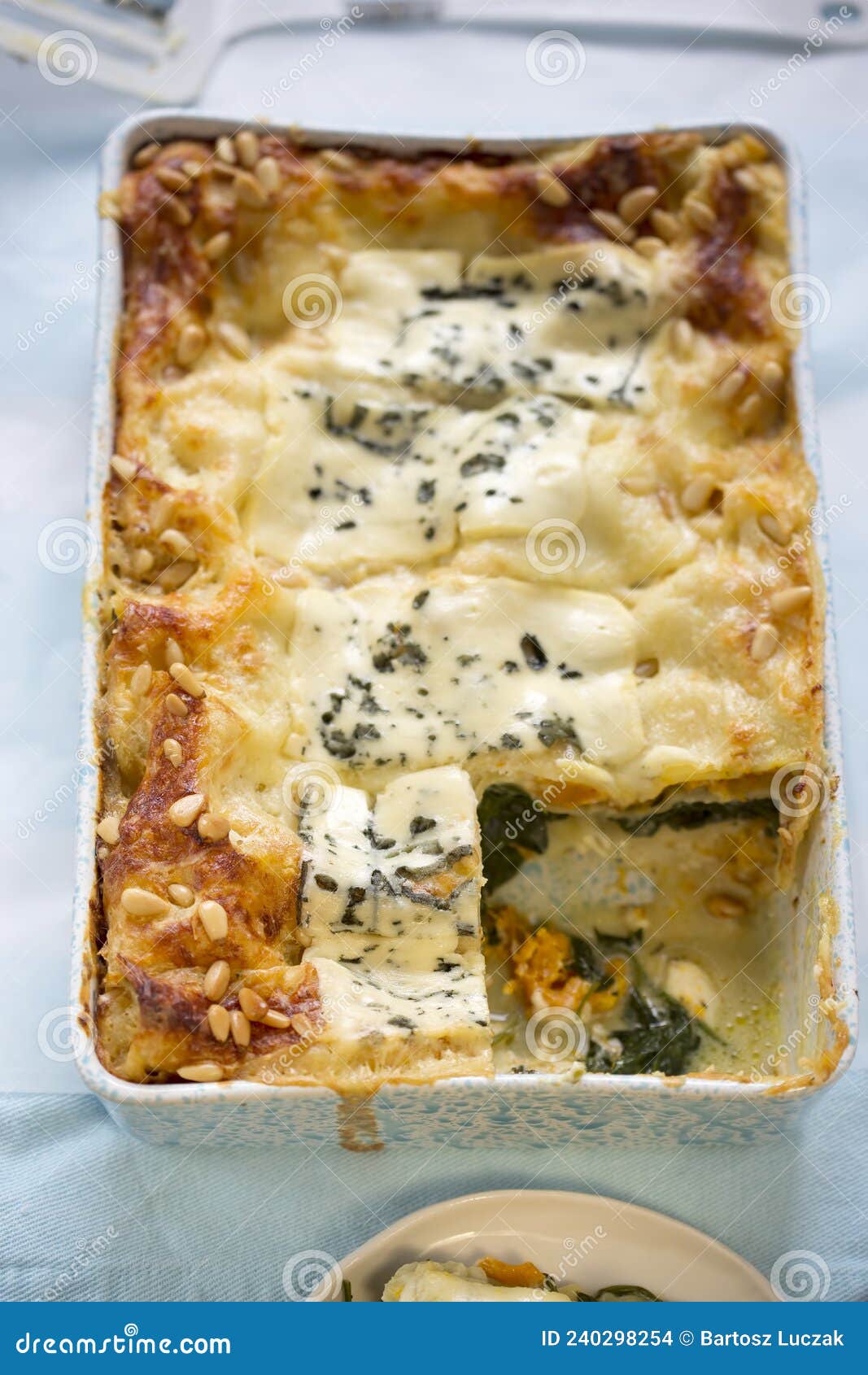 Vegetarian Lasagne with Pumpkin, Spinach, Three Cheese Stock Photo