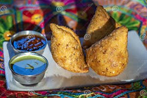 Vegetarian Samosas With Sauces Fried Potato Samosa In Plate Indian 