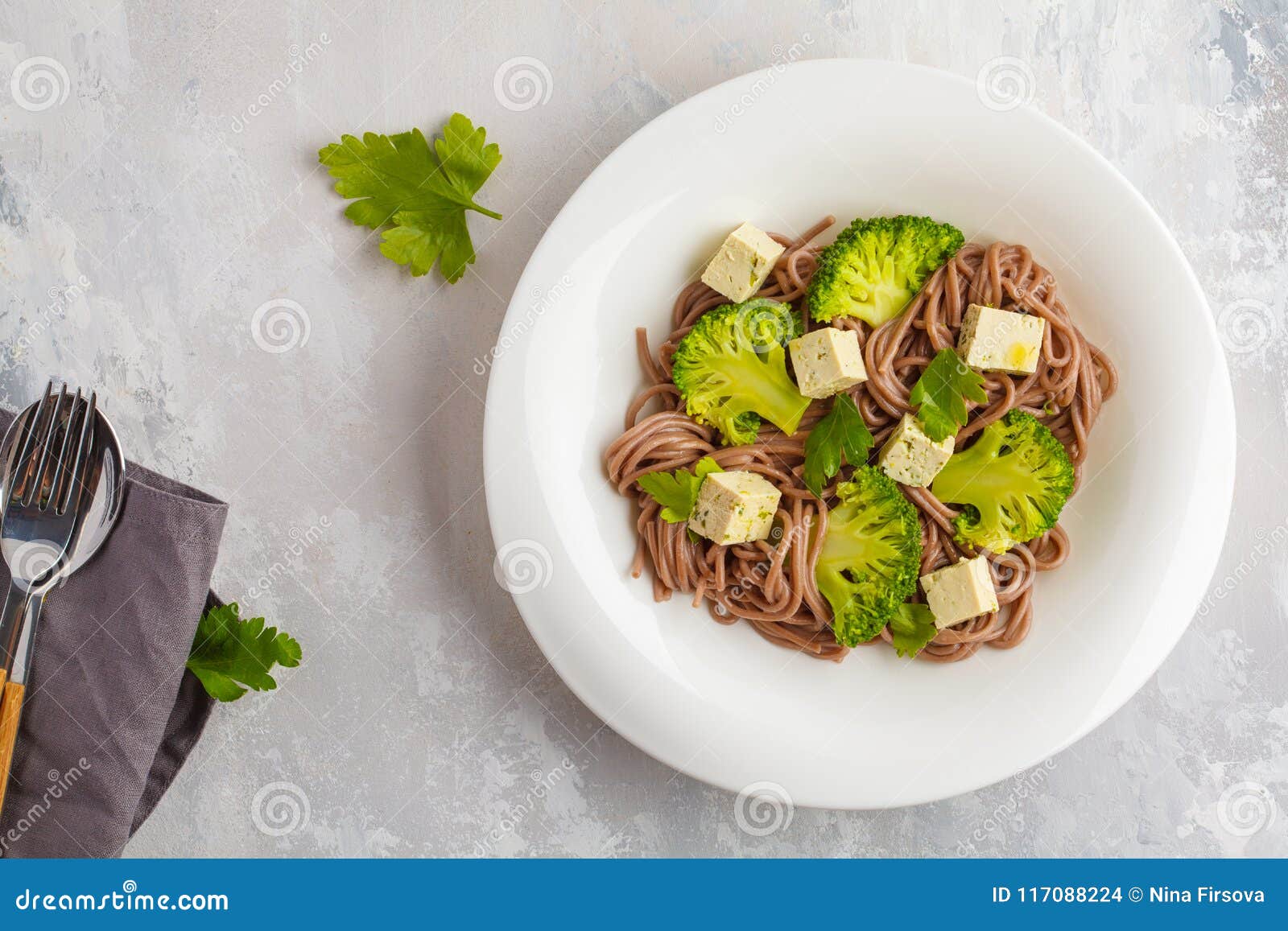 Vegetarian Soba Noodles with Tofu and Broccoli, Top View. Health Stock