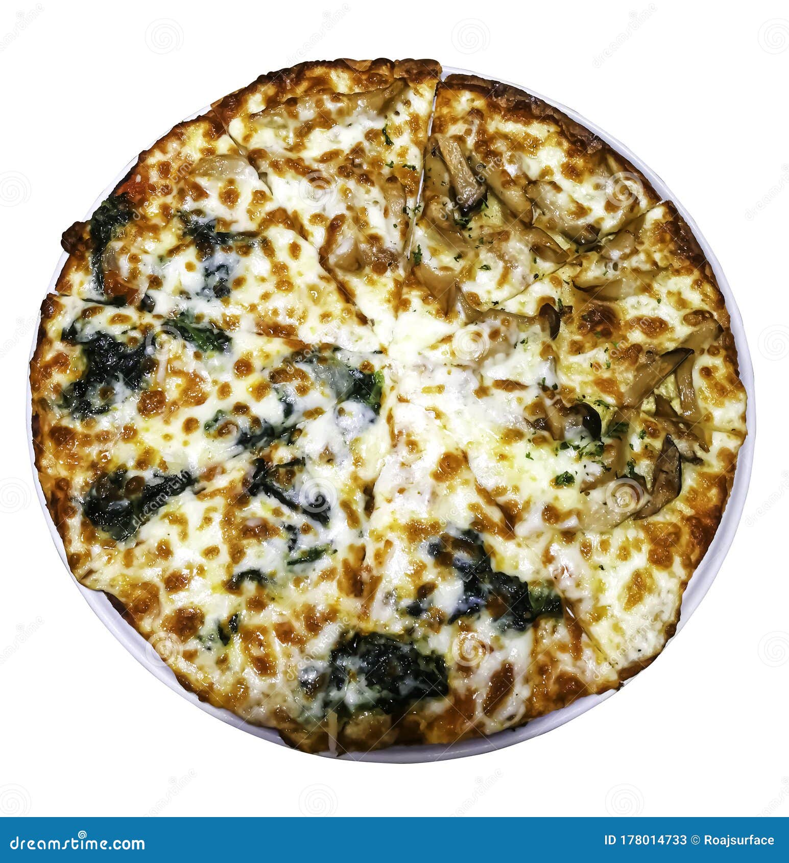 Vegetarian Spinach Pizza Cheese and Mushroom Circle Shape Isolated on ...