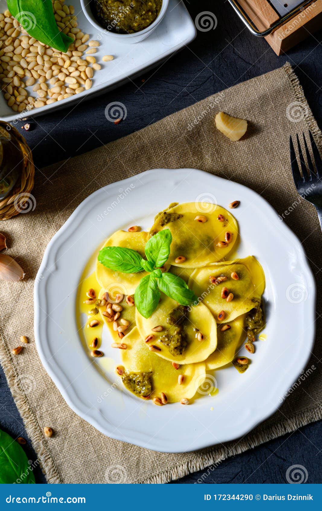 a vegetariano italiano! tortelli with roasted pine nuts and pesto basilico