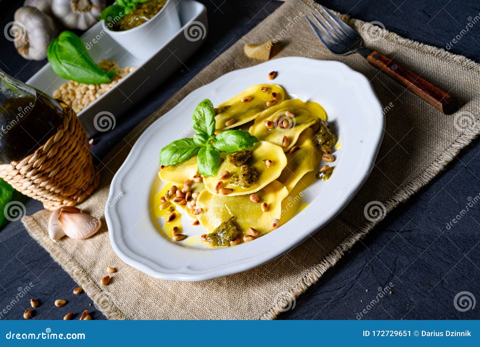 a vegetariano italiano! tortelli with roasted pine nuts and pesto basilico