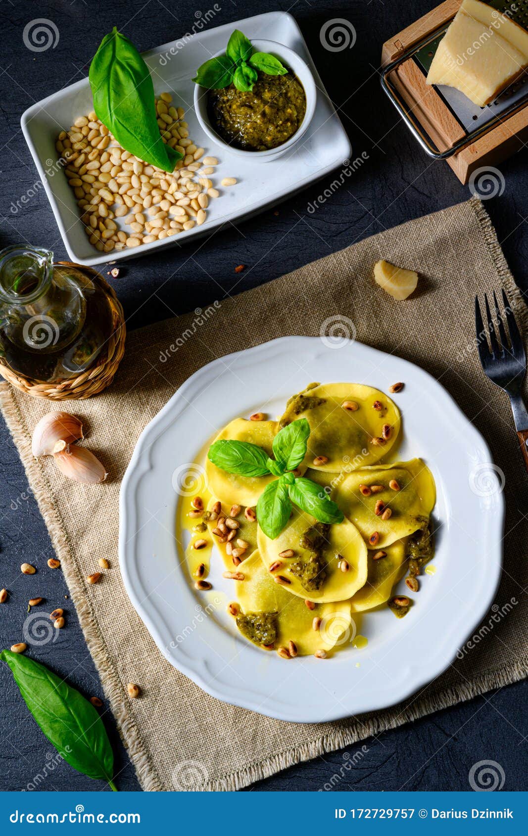 vegetariano italiano! tortelli with roasted pine nuts and pesto basilico