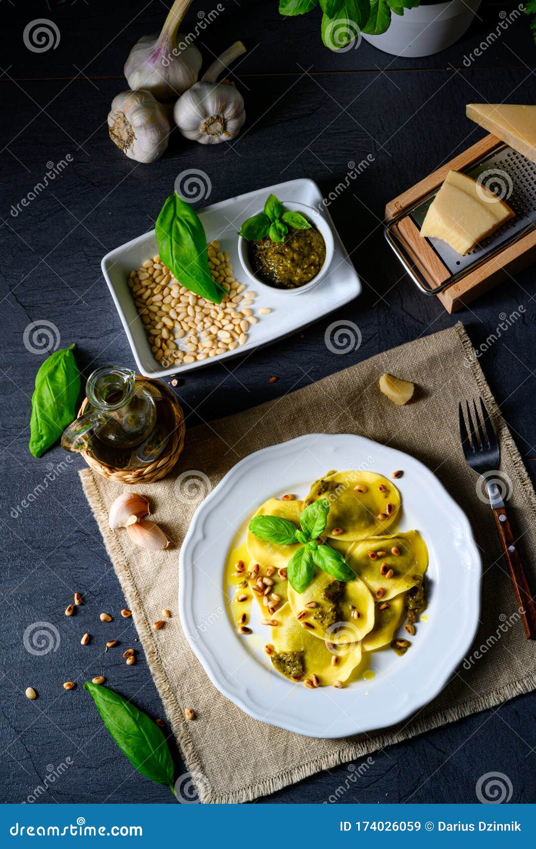 vegetariano italiano! tortelli with roasted pine nuts and pesto basilico