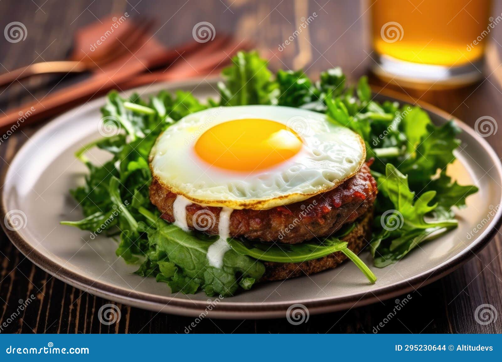 Veggie Burger with a Fried Egg and Greens on a Plate Stock Photo