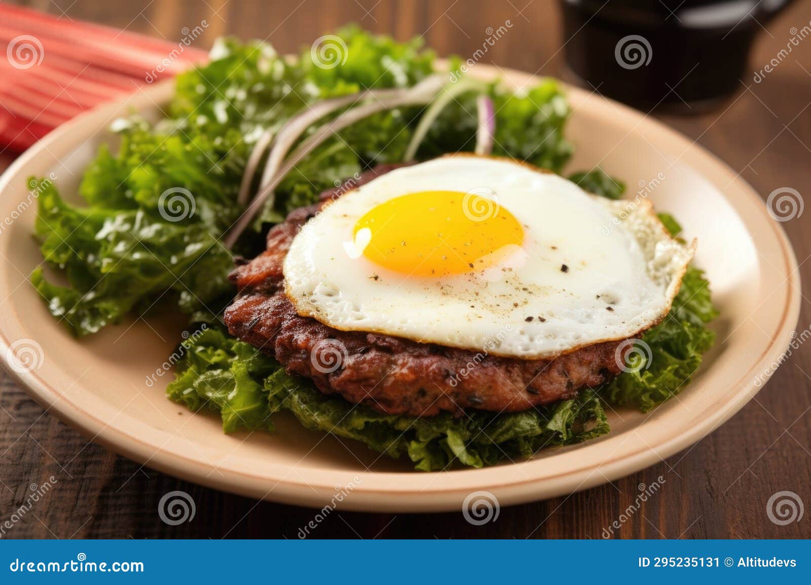 Veggie Burger with a Fried Egg and Greens on a Plate Stock Image