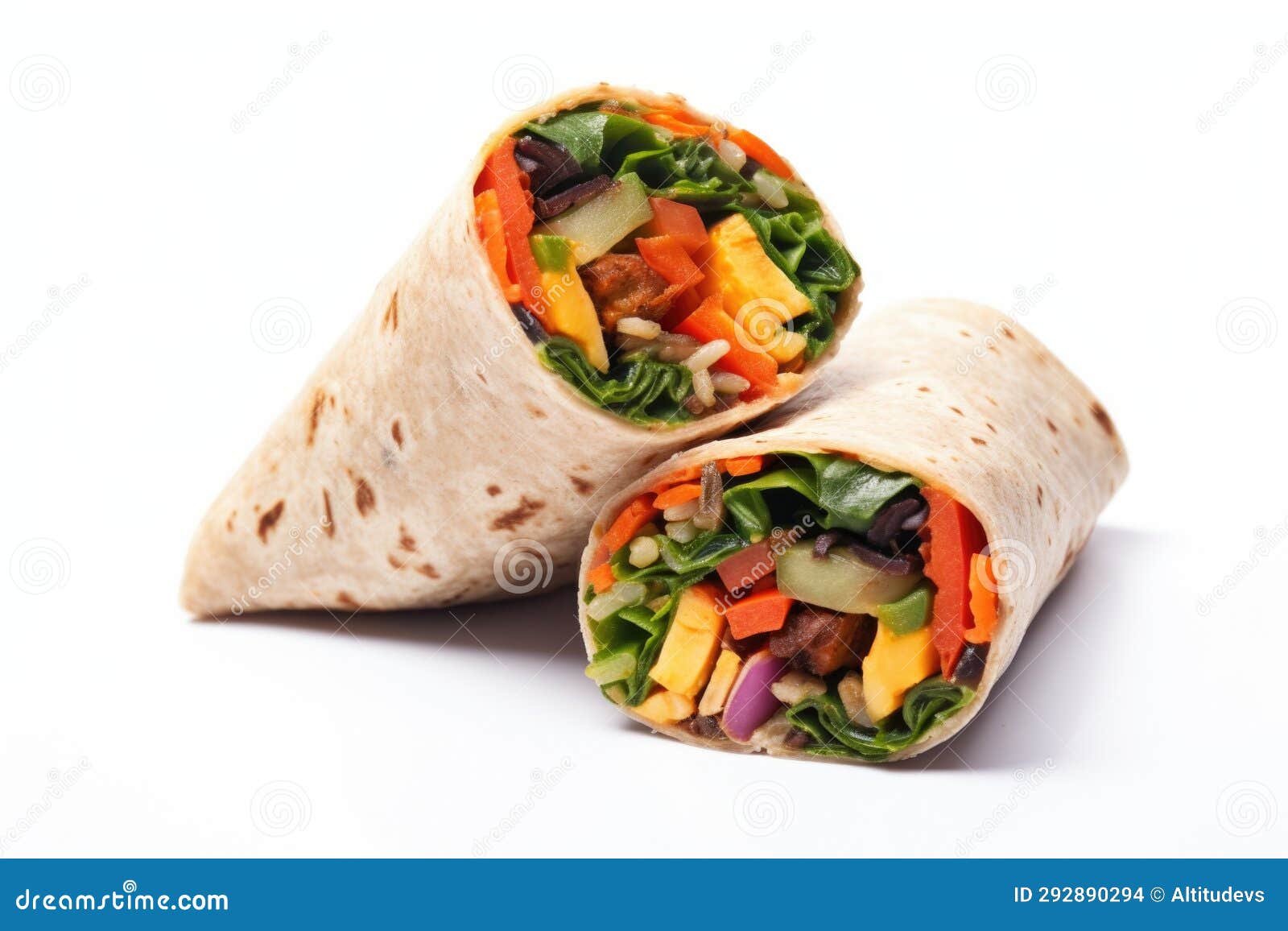 Veggie Burrito with Colorful Fillings on a White Background Stock Photo