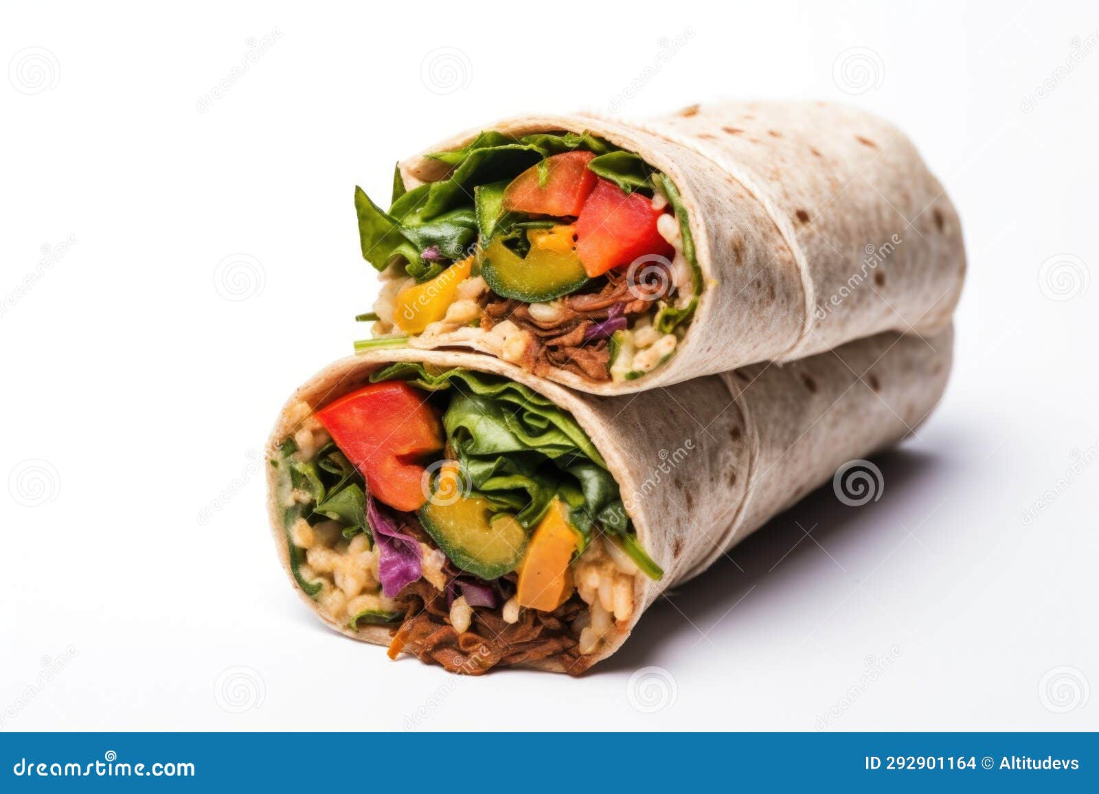 Veggie Burrito with Colorful Fillings on a White Background Stock Photo