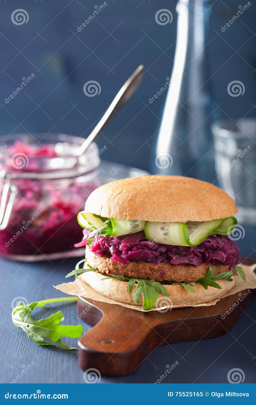 Veggie Soy Burger with Pickled Red Cabbage Cucumber Arugula Stock Image