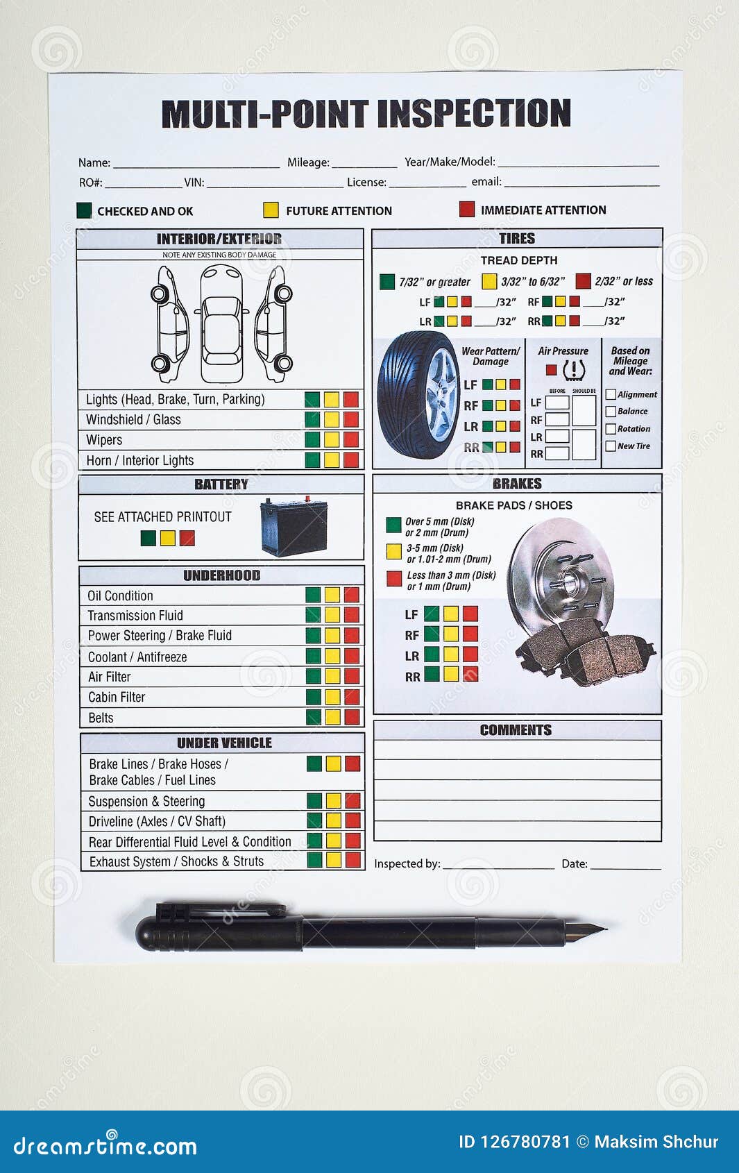 Vehicle Multi-point Inspection Report Form Stock Image - Image of motor ...