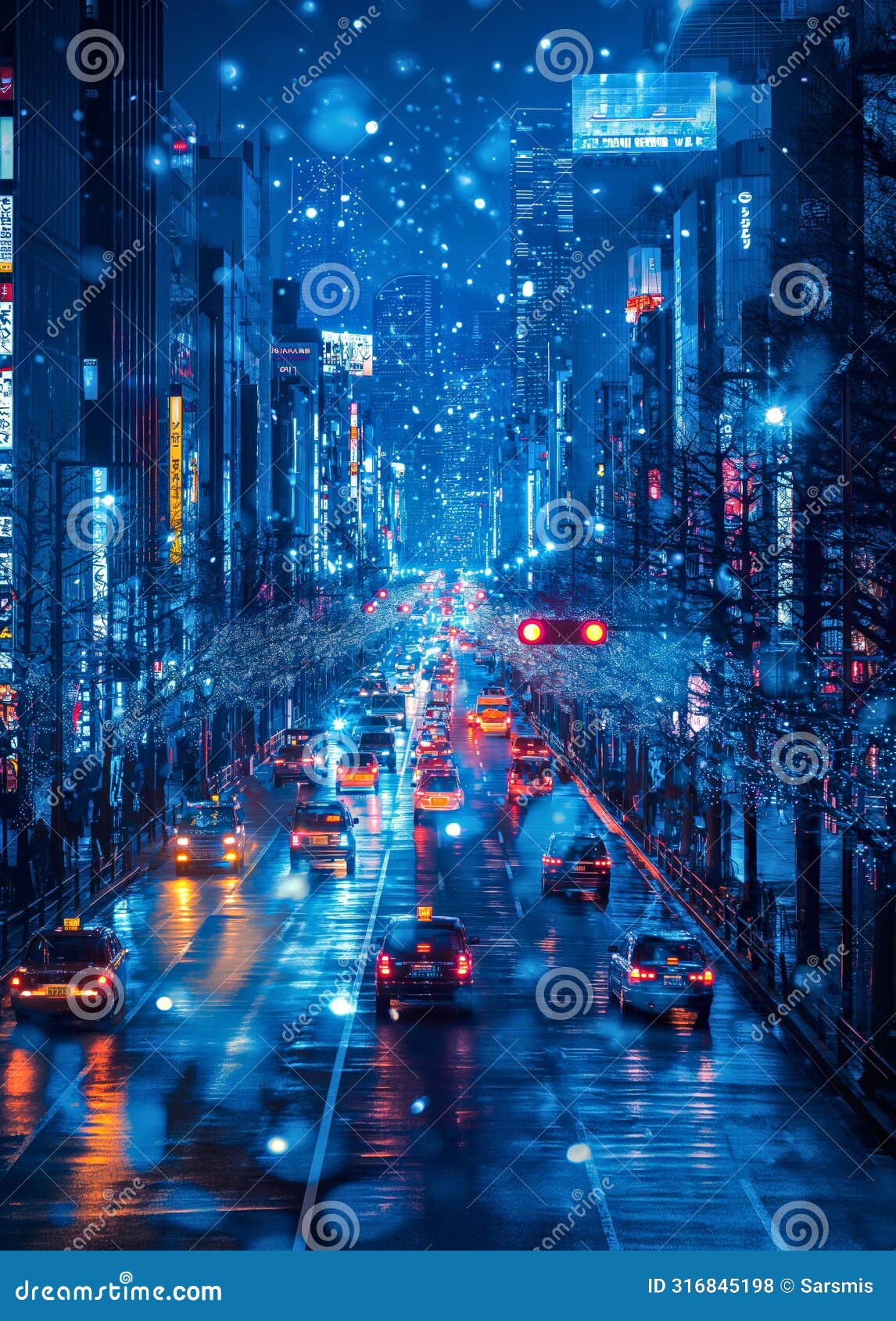 vehicles light up the bustling streets of a rain-drenched city canyon during a dynamic and lively rush hour