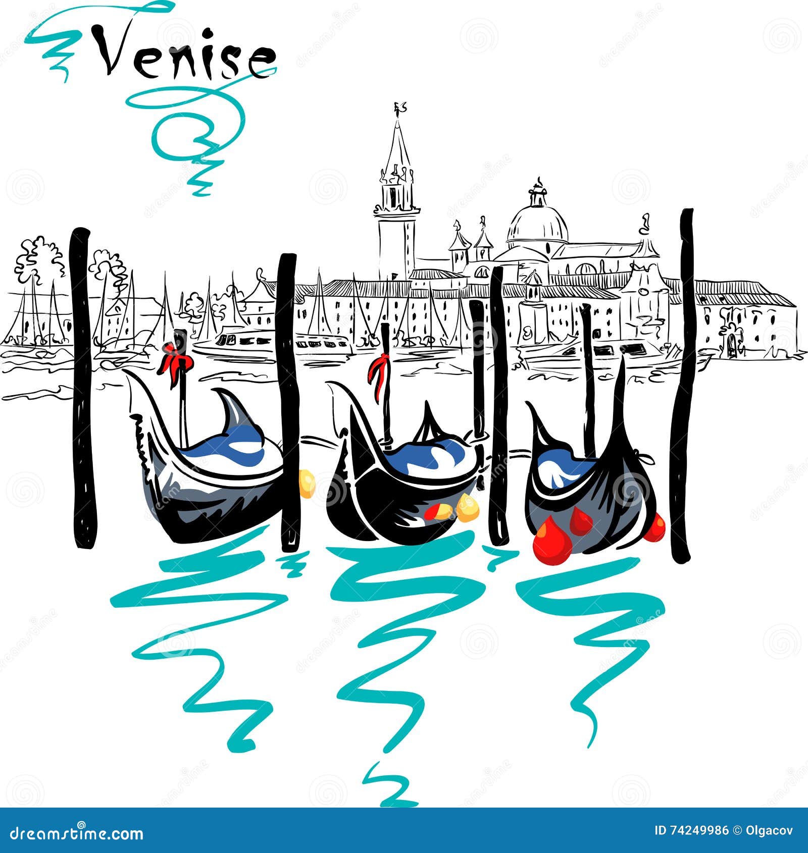 Vektor-Gondeln in Venedig-Lagune, Italien. Gondeln machten durch St- Markquadrat mit Kirche Sans Giorgio di Maggiore im Hintergrund in Venedig-Lagune, Italien fest