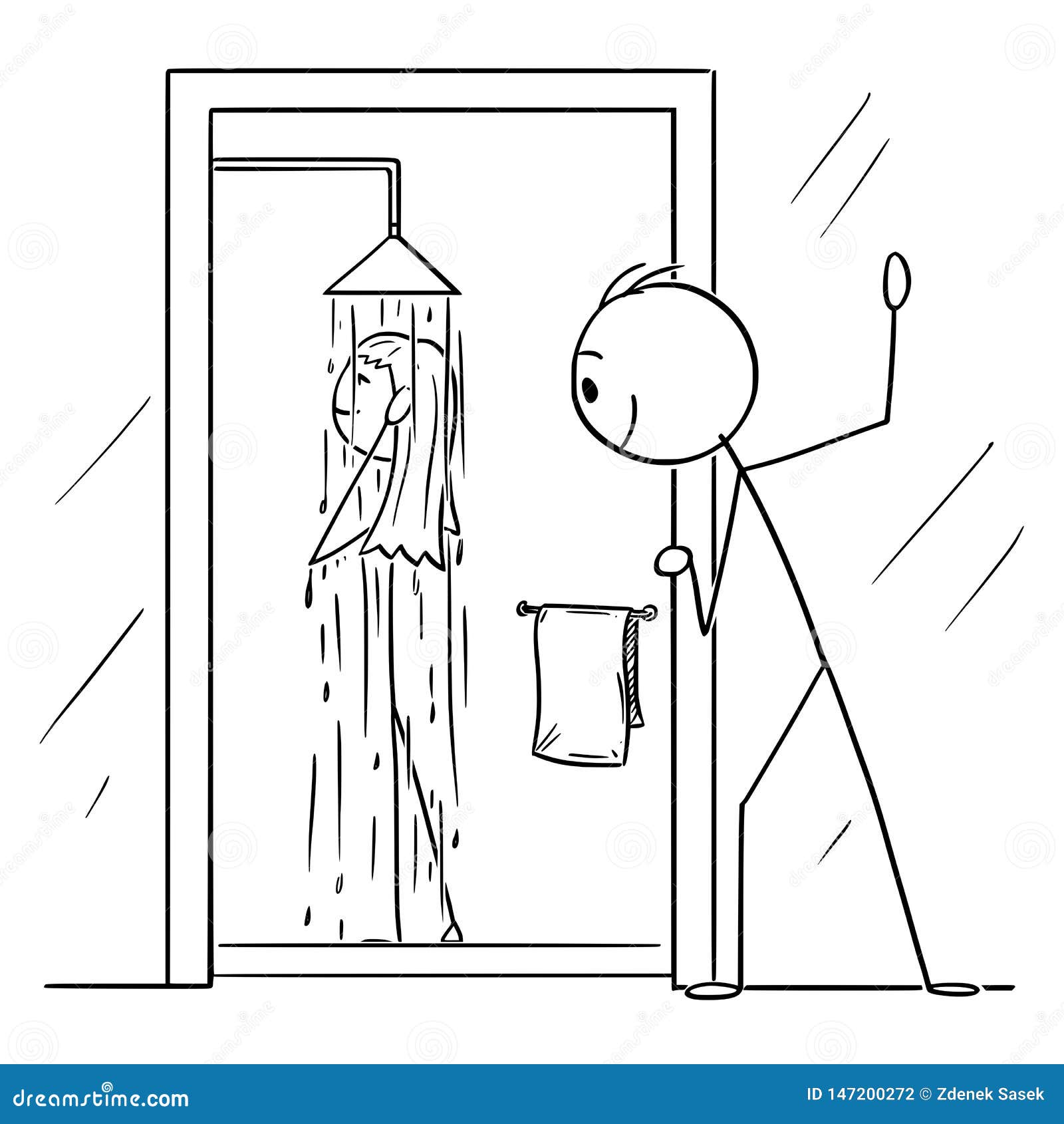 Vektor-Karikatur Der Neugierigen Mann-oder Voyeur-aufpassenden Nackte, Die Dusche Im Badezimmer Nimmt Vektor Abbildung
