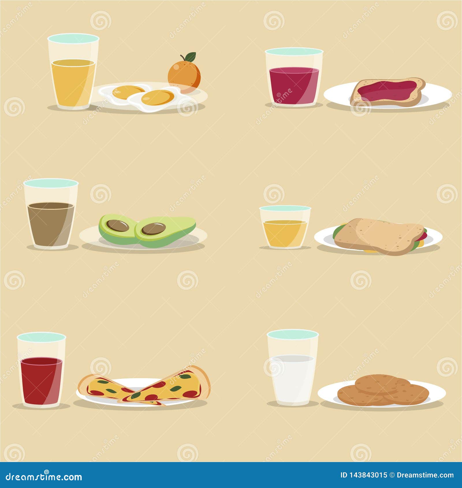 Vector breakfast concept set with food and drinks with flat icons in composition. Breakfast composition sandwich and omelette, juce, breakfast food bakery illustration