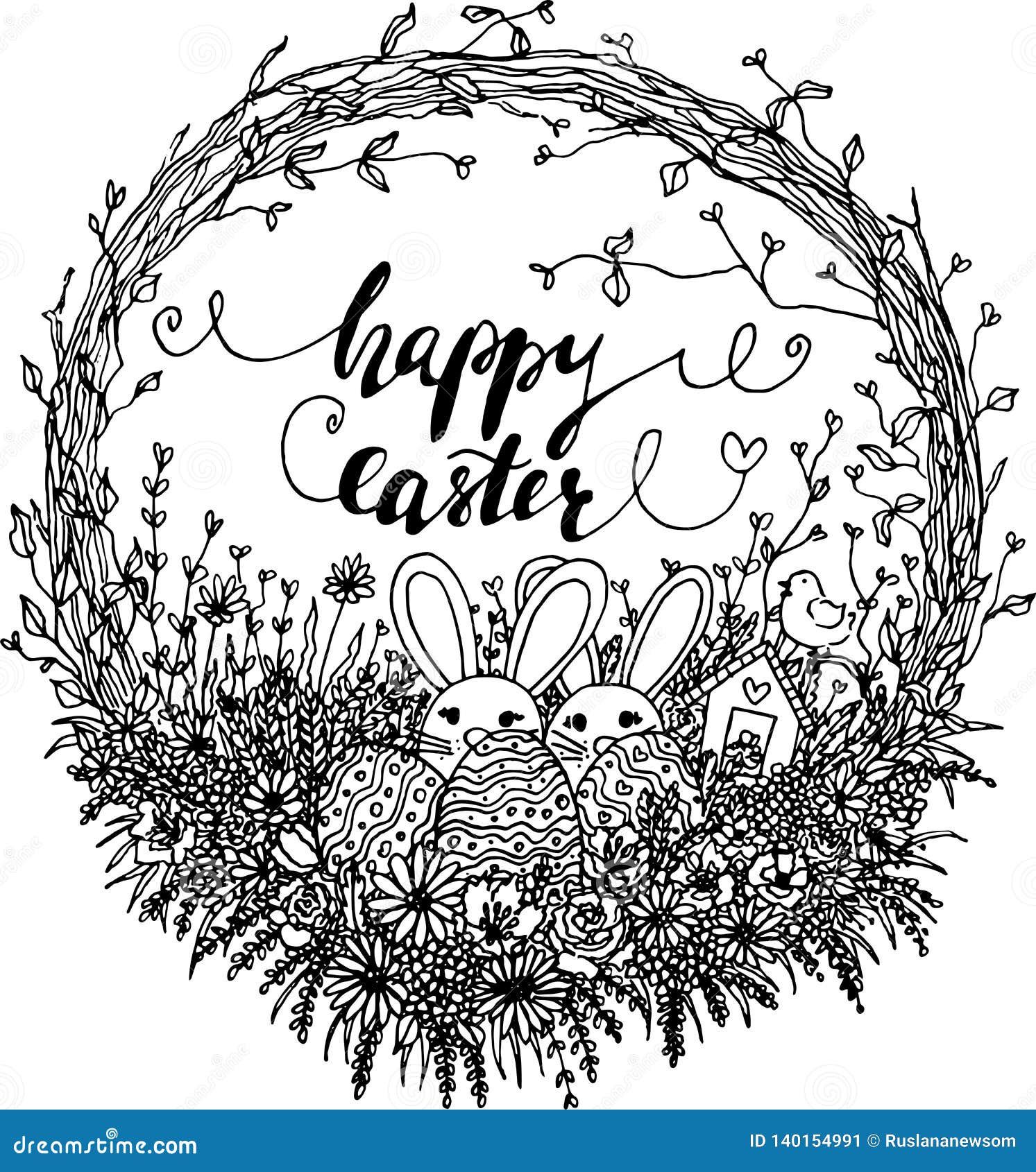 Vektorhallo Ostern Kranzillustration Schwarzweiss Ostern Clipart Mit Osterhasen Eier Blumen Blatter Niederlassungen Vektor Abbildung Illustration Von Ostern Vektorhallo