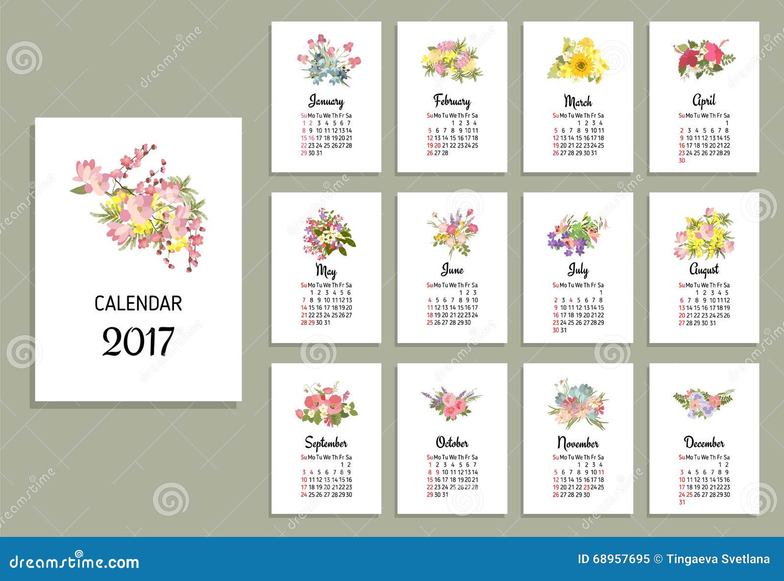 Vektorillustration Blumenkalenders 2017 Stock Abbildung Illustration