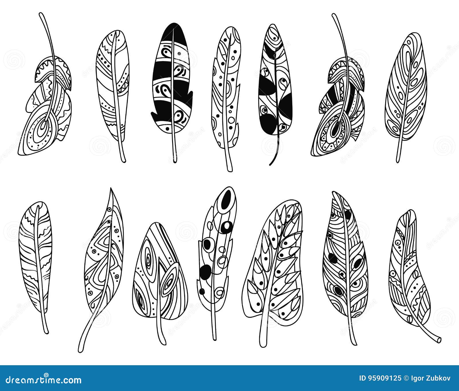 Vektorsatz Stilisierte Vogelfedern Sammlung Federn Fur Dekoration Eigenhandig Schwarzweiss Zeichnen Lineare Kunst Vektor Abbildung Illustration Von Stilisierte Sammlung